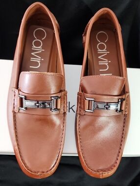 Calvin Klein Men's Tan Leather Slip-On Loafers with Silver Bit
